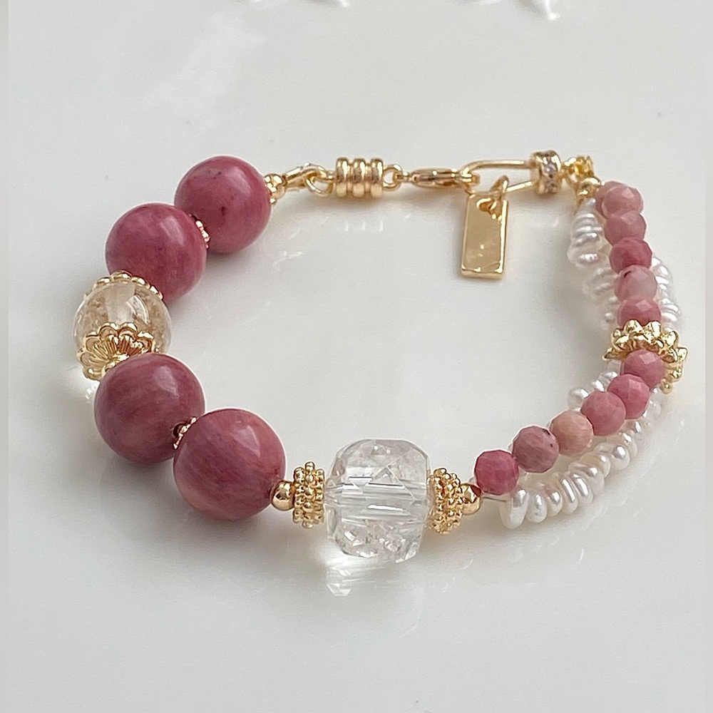 B123-Handmade Braided Natural Rhodonite, Clear Quartz And Freshwater Pearl
